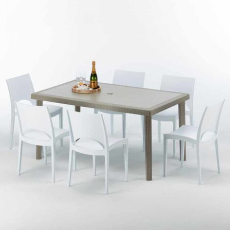 Table rectangulaire et 6 chaises Poly rotin resine ensemble bar cafè exterieur 150x90 Beige Marion