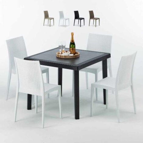 Table Carrée Noire 90x90cm Avec 4 Chaises Colorées Grand Soleil Set Extérieur Bar Café Bistrot Passion - Blanc