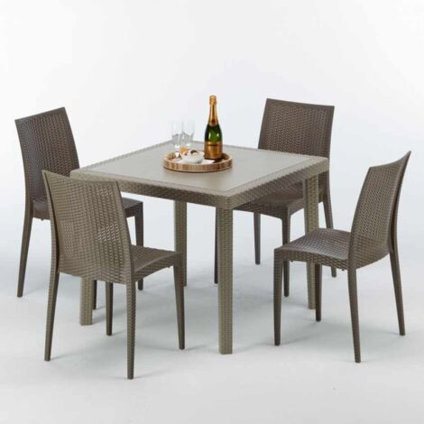 Table carrée beige + 4 chaises colorées Poly rotin synthétique Elegance