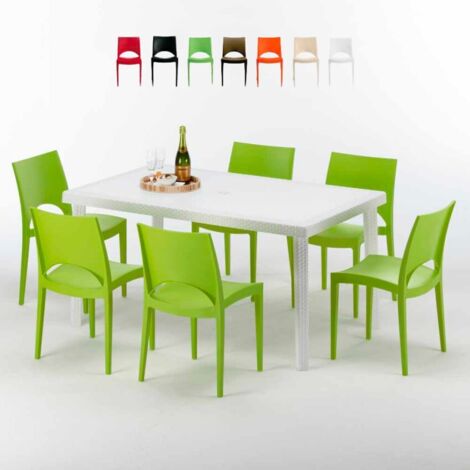 Table Rectangulaire Blanche 150x90cm Avec 6 Chaises Colorées Grand Soleil Set Extérieur Bar Café Paris Summerlife - Vert