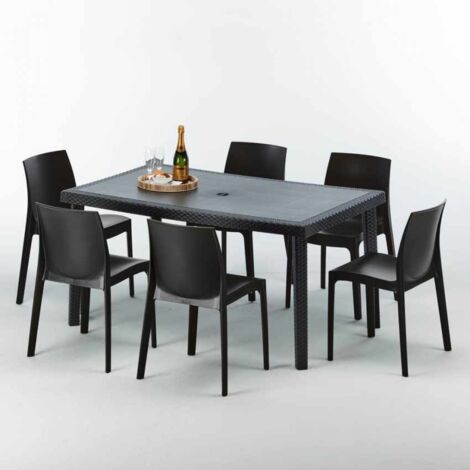 Table rectangulaire et 6 chaises Poly rotin colorées 150x90cm noir Enjoy