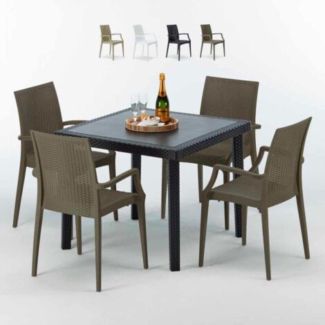 Grand Soleil – Ensemble table carrée noire 90x90 cm avec 4 chaises empilables – Résine effet poly rotin – Usage public – 100% Made in Italy