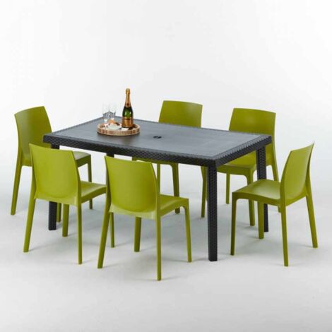 Table rectangulaire et 6 chaises Poly rotin colorées 150x90cm noir Enjoy