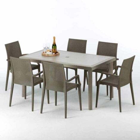 Table rectangulaire et 6 chaises Poly rotin resine ensemble bar cafè exterieur 150x90 Beige Marion
