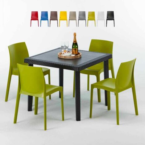 Grand Soleil – Ensemble table carrée noire 90x90cm avec 4 chaises empilables en polypropylène – Résistant aux intempéries – Pour cafés et terrasses