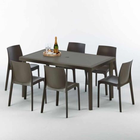 Table rectangulaire 6 chaises Poly rotin resine 150x90 marron Focus