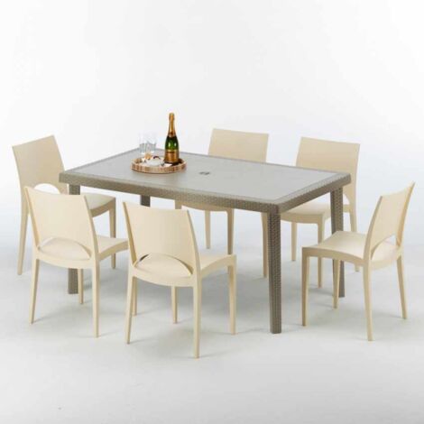 Grand Soleil – Ensemble table rectangulaire 150x90 cm et 6 chaises en poly rotin – Résistant aux intempéries – Design Made in Italy – Empilables pour gain de place