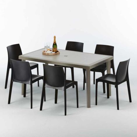 Table rectangulaire et 6 chaises Poly rotin resine ensemble bar cafè exterieur 150x90 Beige Marion