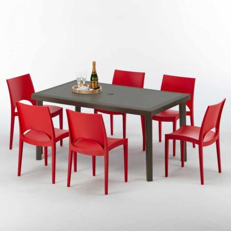 Table rectangulaire 6 chaises Poly rotin resine 150x90 marron Focus