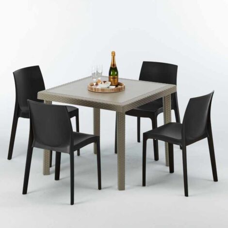 Table carrée beige + 4 chaises colorées Poly rotin synthétique Elegance