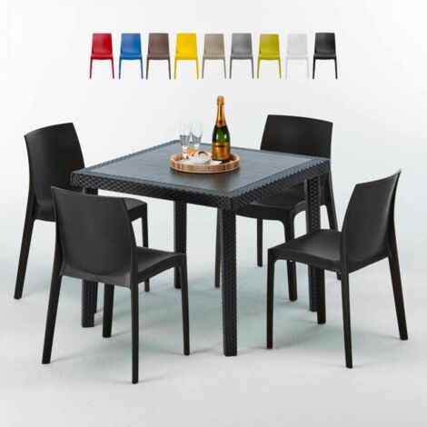 Table Carrée Noire 90x90cm Avec 4 Chaises Colorées Grand Soleil Set Extérieur Bar Café Rome Passion - Noir