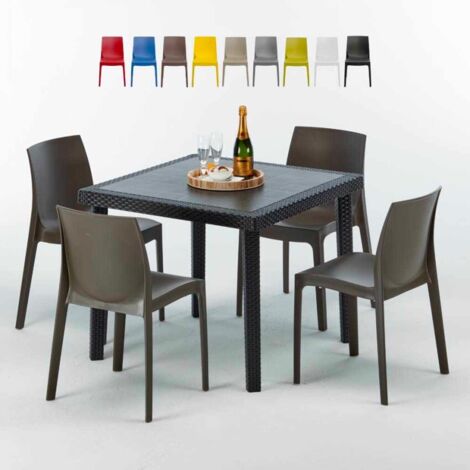 Table Carrée Noire 90x90cm Avec 4 Chaises Colorées Grand Soleil Set Extérieur Bar Café Rome Passion - Marron