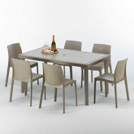 Table rectangulaire et 6 chaises Poly rotin resine ensemble bar cafè exterieur 150x90 Beige Marion