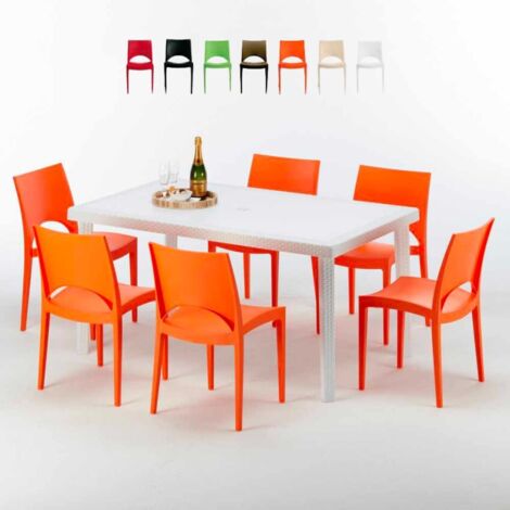 Table Rectangulaire Blanche 150x90cm Avec 6 Chaises Colorées Grand Soleil Set Extérieur Bar Café Paris Summerlife - Orange