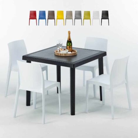 Table Carrée Noire 90x90cm Avec 4 Chaises Colorées Grand Soleil Set Extérieur Bar Café Rome Passion - Blanc