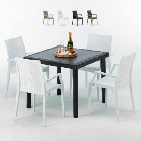 Grand Soleil – Ensemble table carrée noire 90x90cm avec 4 chaises empilables – Résine effet poly rotin – Pour cafés et terrasses – Made in Italy