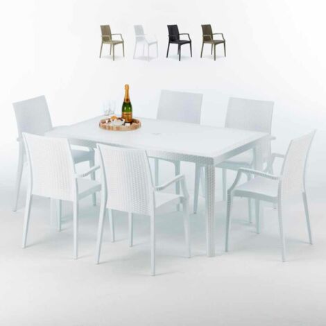 Grand Soleil – Ensemble table rectangulaire blanche 150x90cm avec 6 chaises empilables – Résistant aux intempéries – Pour cafés, terrasses et jardins