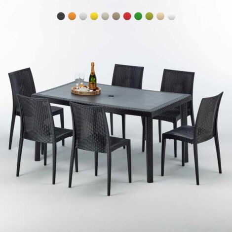 Table rectangulaire et 6 chaises Poly rotin colorées 150x90cm noir Enjoy