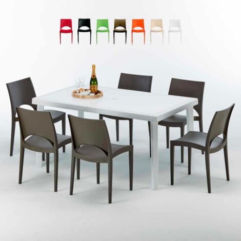 Table Rectangulaire Blanche 150x90cm Avec 6 Chaises Colorées Grand Soleil Set Extérieur Bar Café Paris Summerlife - Marron