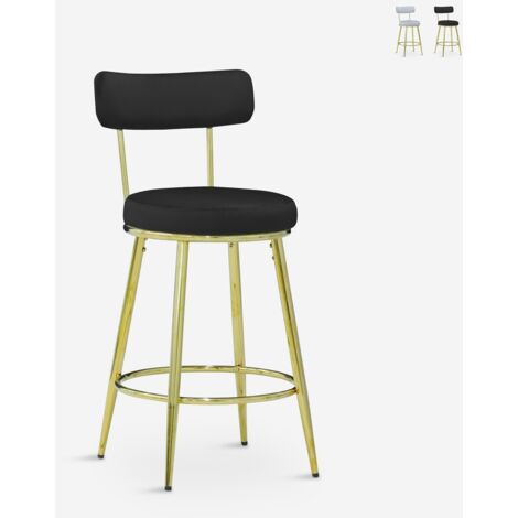 Tabouret de bar et cuisine en velours avec dossier pieds dorés Kraven - Noir (1/5)