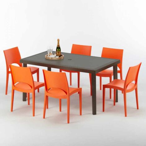 Table rectangulaire 6 chaises Poly rotin resine 150x90 marron Focus