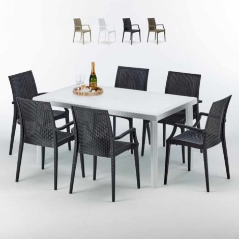 Table Rectangulaire Blanche 150x90cm Avec 6 Chaises Colorées Grand Soleil Set Extérieur Bar Café Paris Summerlife - Noir