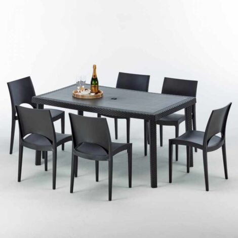 Table rectangulaire et 6 chaises Poly rotin colorées 150x90cm noir Enjoy
