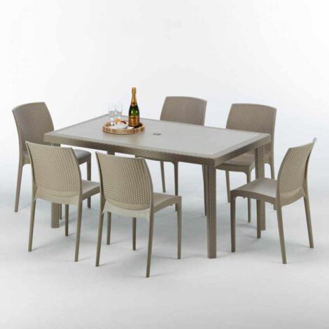 Table rectangulaire et 6 chaises Poly rotin resine ensemble bar cafè exterieur 150x90 Beige Marion