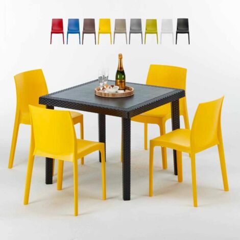 Table Carrée Noire 90x90cm Avec 4 Chaises Colorées Grand Soleil Set Extérieur Bar Café Rome Passion - Jaune