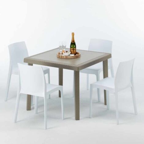 Table carrée beige + 4 chaises colorées Poly rotin synthétique Elegance