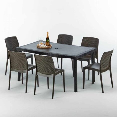 Table rectangulaire et 6 chaises Poly rotin colorées 150x90cm noir Enjoy