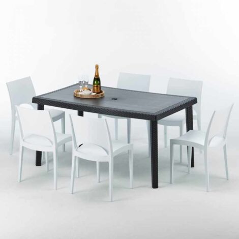 Table rectangulaire et 6 chaises Poly rotin colorées 150x90cm noir Enjoy