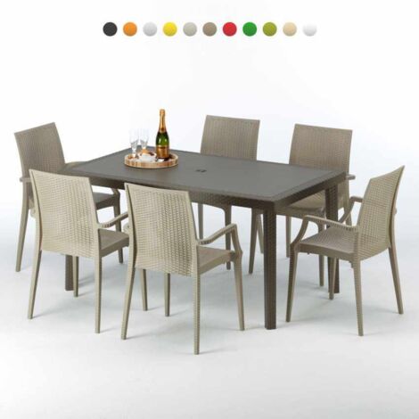Grand Soleil – Ensemble table rectangulaire et 6 chaises en polyrotin marron 150x90cm – Résistant aux intempéries – Chaises empilables pour gain de place