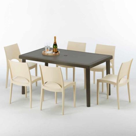 Table rectangulaire 6 chaises Poly rotin resine 150x90 marron Focus