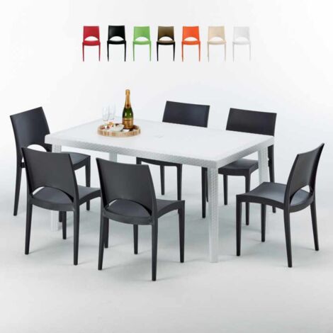 Table Rectangulaire Blanche 150x90cm Avec 6 Chaises Colorées Grand Soleil Set Extérieur Bar Café Paris Summerlife - Noir