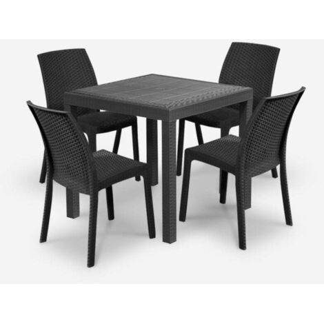 Salon de jardin table carrée 80x80cm rotin + 4 chaises noir Nisida Dark