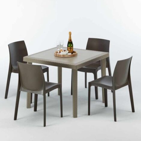 Table carrée beige + 4 chaises colorées Poly rotin synthétique Elegance