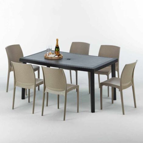 Table rectangulaire et 6 chaises Poly rotin colorées 150x90cm noir Enjoy