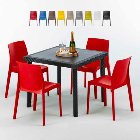 Table Carrée Noire 90x90cm Avec 4 Chaises Colorées Grand Soleil Set Extérieur Bar Café Rome Passion - Rouge