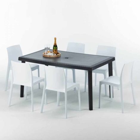Table rectangulaire et 6 chaises Poly rotin colorées 150x90cm noir Enjoy