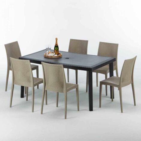 Table rectangulaire et 6 chaises Poly rotin colorées 150x90cm noir Enjoy