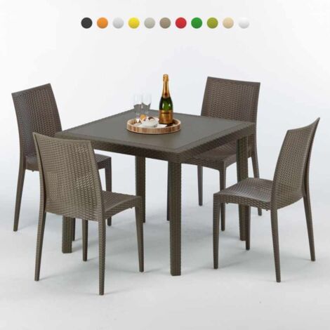 Table carrée et 4 chaises colorées Poly-rotin résine 90x90 marron (1/2)
