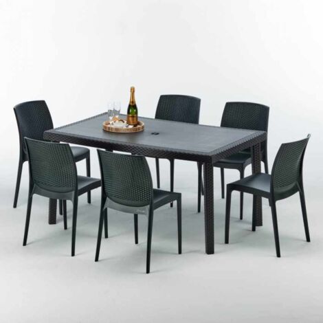 Table rectangulaire et 6 chaises Poly rotin colorées 150x90cm noir Enjoy