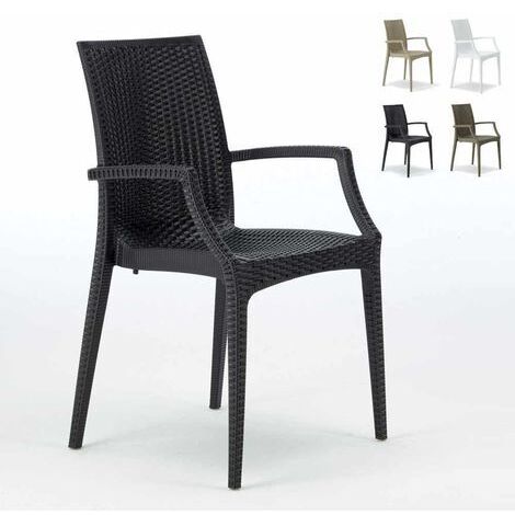 Grand Soleil – Fauteuil de jardin empilable en poly-rotin noir – Accoudoirs ergonomiques – Résistant aux intempéries et UV – Pour bars et restaurants
