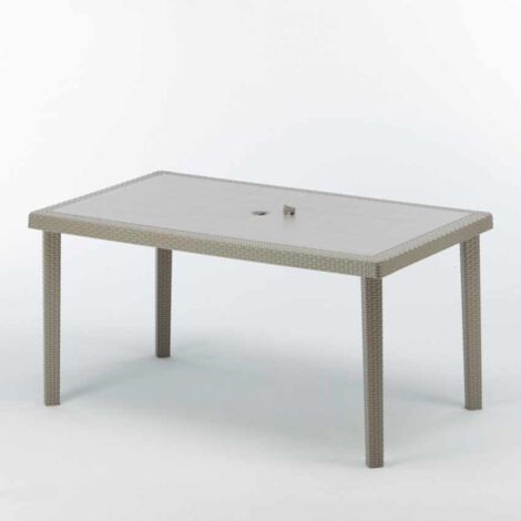Grand Soleil – Table de jardin rectangulaire 150x90 cm en polyrotin – Résistante aux UV – Trou pour parasol – Idéale pour restaurants et terrasses