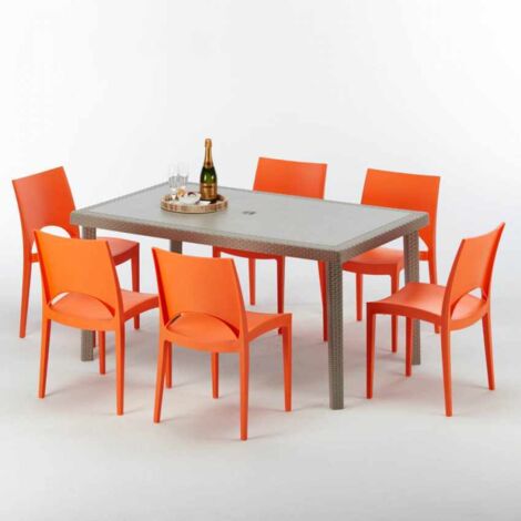 Table rectangulaire et 6 chaises Poly rotin resine ensemble bar cafè exterieur 150x90 Beige Marion