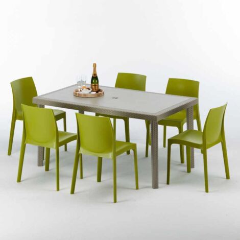 Table rectangulaire et 6 chaises Poly rotin resine ensemble bar cafè exterieur 150x90 Beige Marion