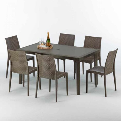 Grand Soleil – Ensemble table rectangulaire 6 chaises en polyrotin moka – Dimensions 150x90 cm – Résistant aux intempéries – Design compact et empilable (1/4)