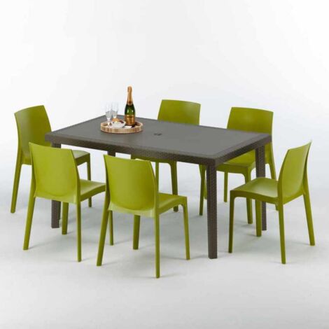 Table rectangulaire 6 chaises Poly rotin resine 150x90 marron Focus