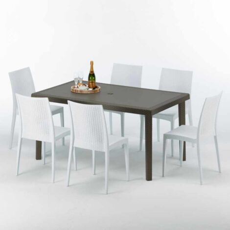 Table rectangulaire 6 chaises Poly rotin resine 150x90 marron Focus